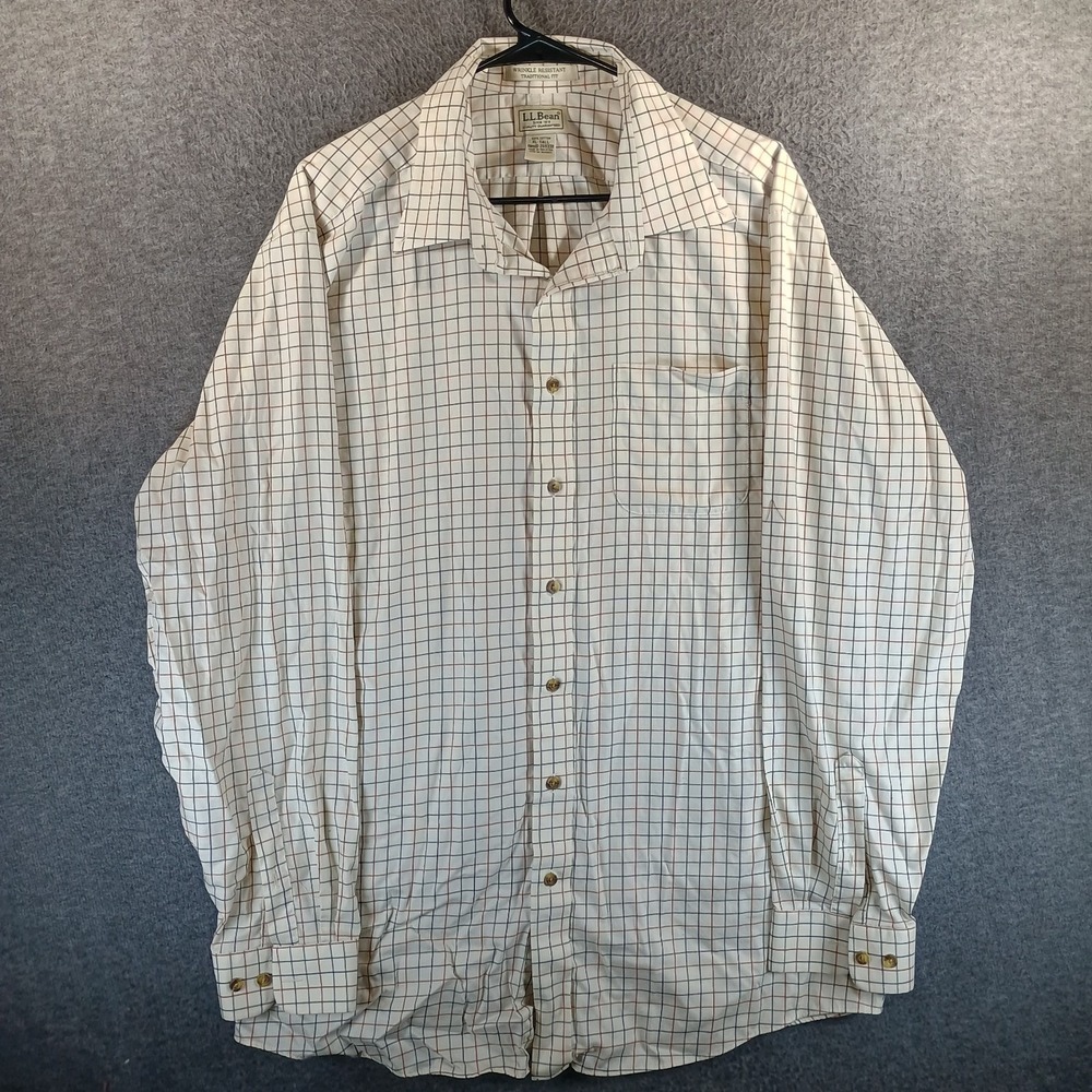 LL Bean Wrinkle-Free Kennebunk Sport Shirt Men XLT Traditional Fit Check‎ White